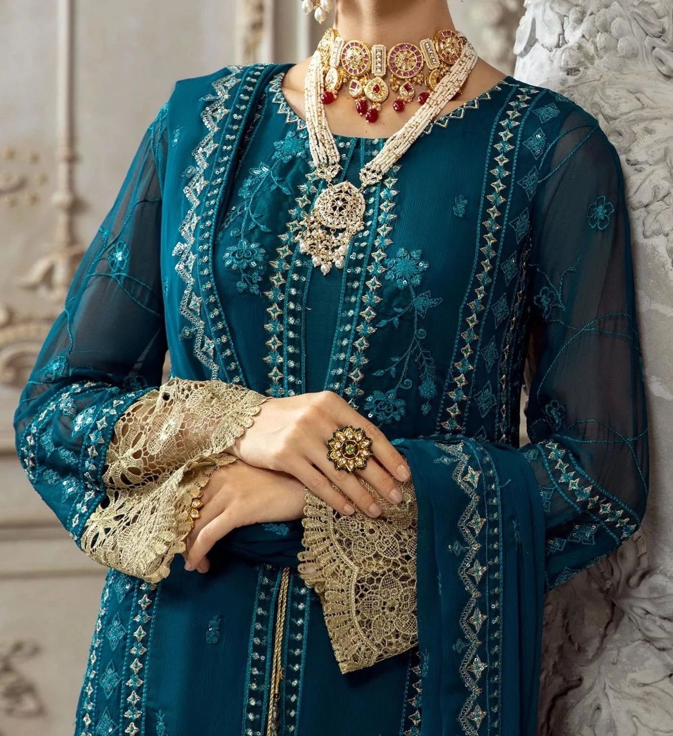 Dark Teal-Embroidered chiffon unstitched 3Pc Suit