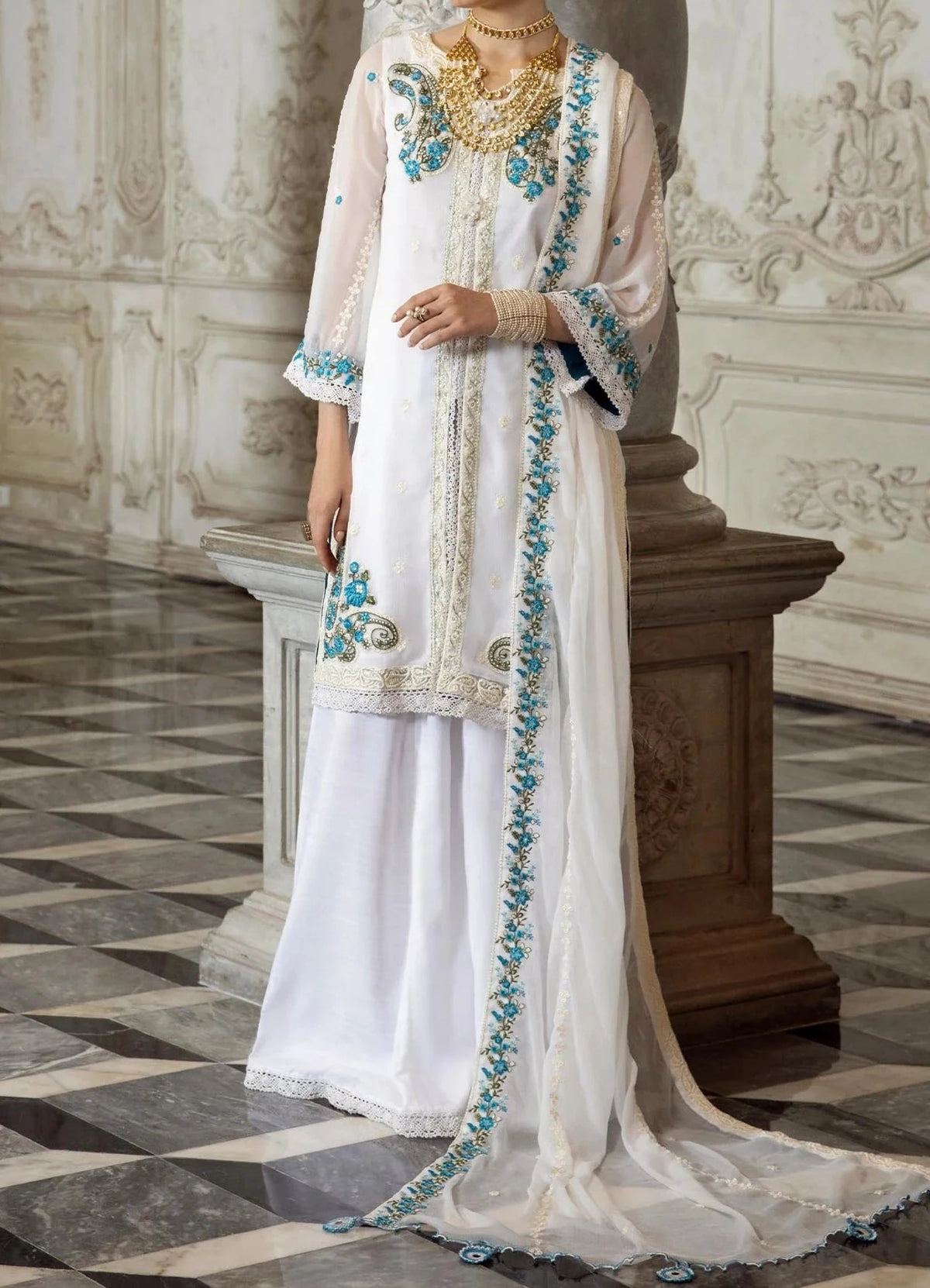 Daisy White - embroidered chiffon unstitched 3Pc Suit