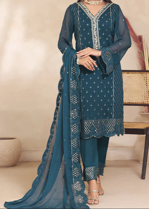 Grace Z(MOONLIT OCEAN) - Stitched Embroidered Chiffon 3PC Suit.