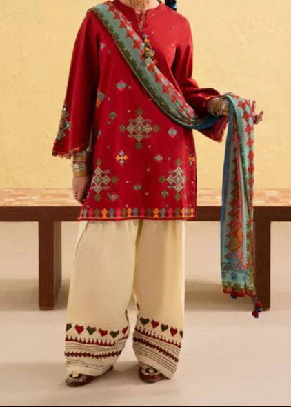 Grace Z-(W750) - Stitched Embroidered 3pc Marina Dress With Printed Shawl.