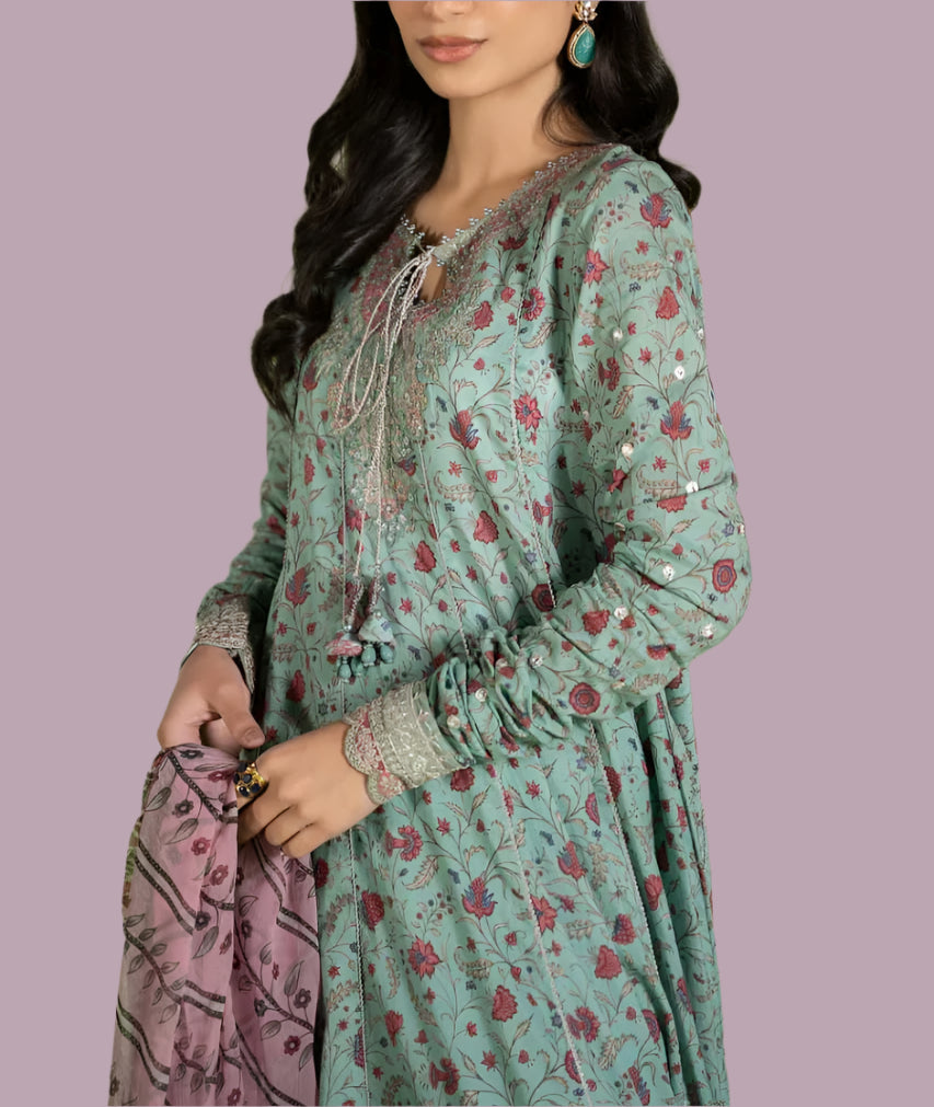 Grace W469-Printed 3pc karandi Dress With Printed karandi Shawl.