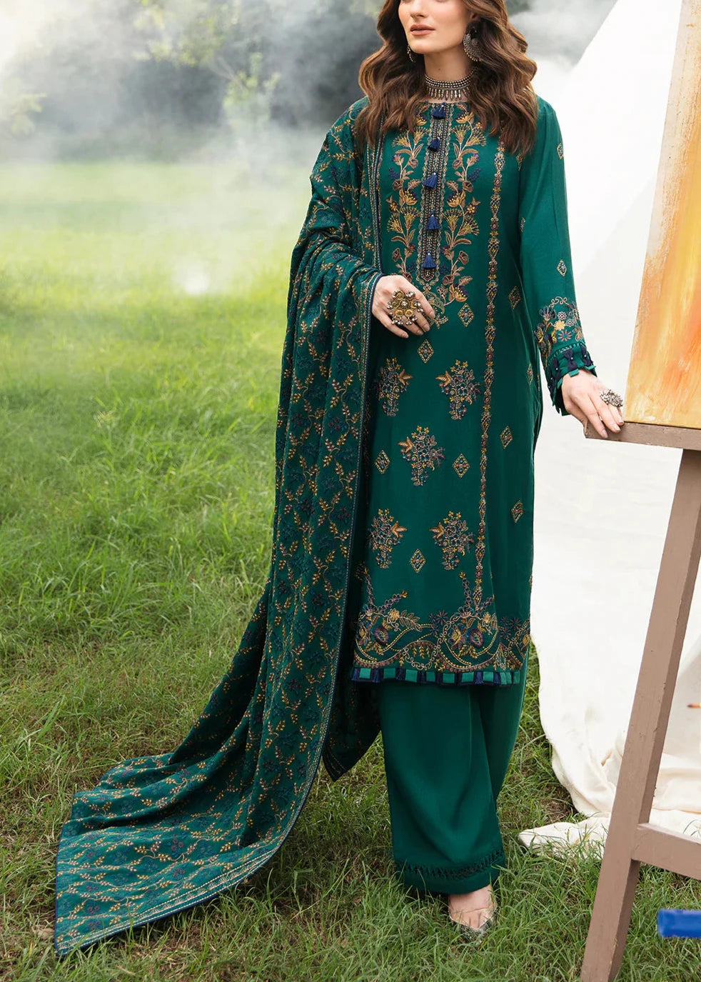 Grace W490-Embroidered 3pc marina dress with Embroidered marina shawl.