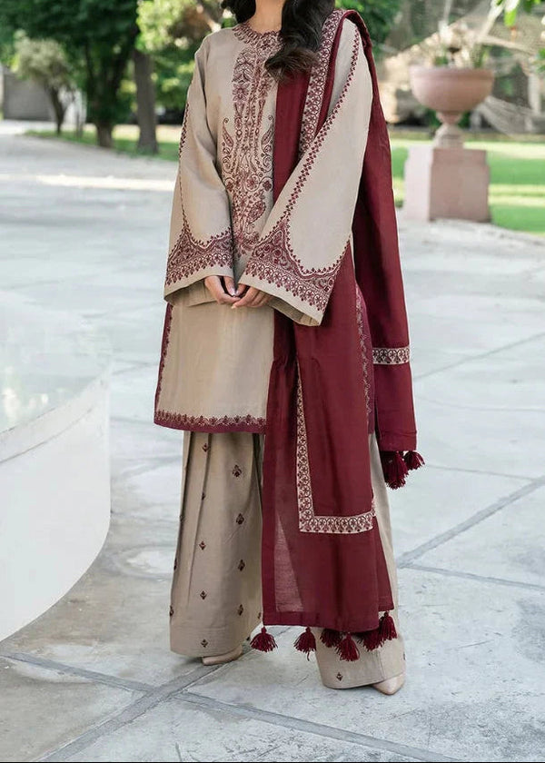 Grace Z-(W709) - Stitched Embroidered 3pc Marina Dress With Printed Shawl