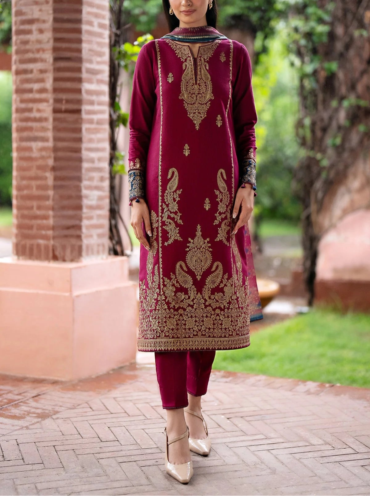 Grace W599-Embroidered 3pc Marina Dress With Printed Shawl.