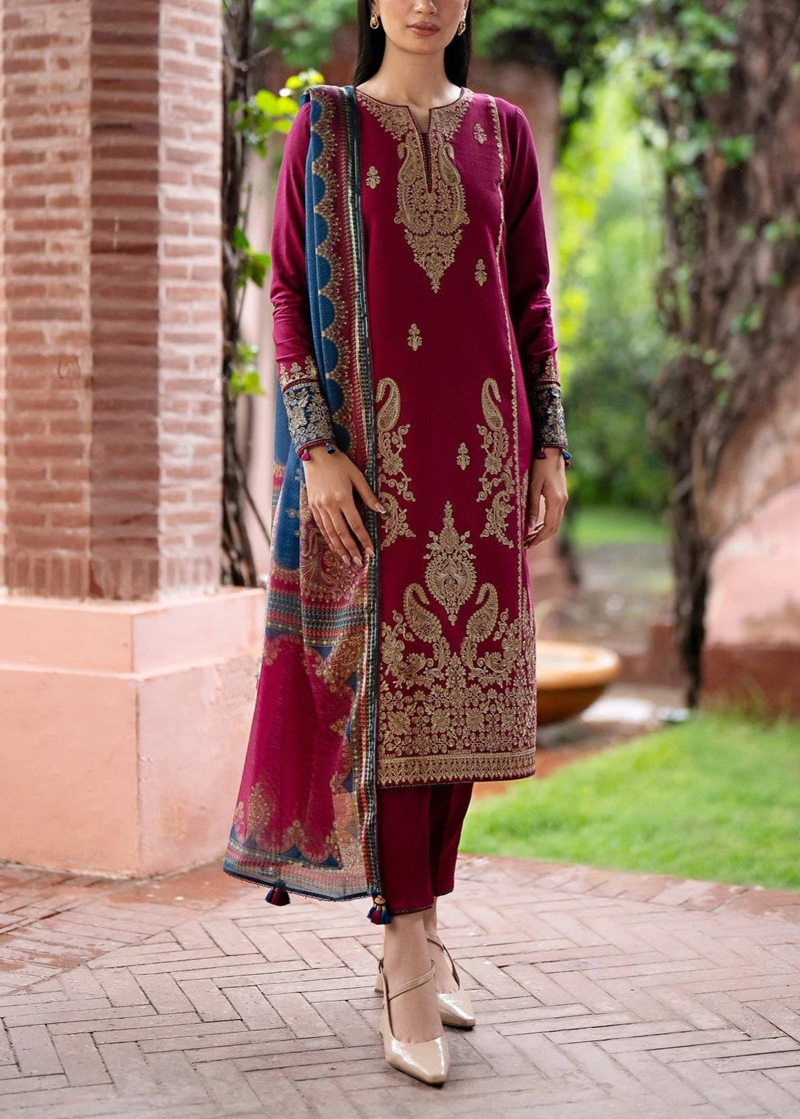 Grace W599-Embroidered 3pc Marina Dress With Printed Shawl.