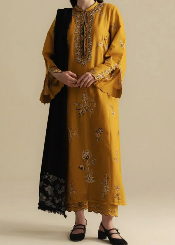 Grace Z-(W845) - Stitched Embroidered 3pc Marina Dress With Printed Shawl.
