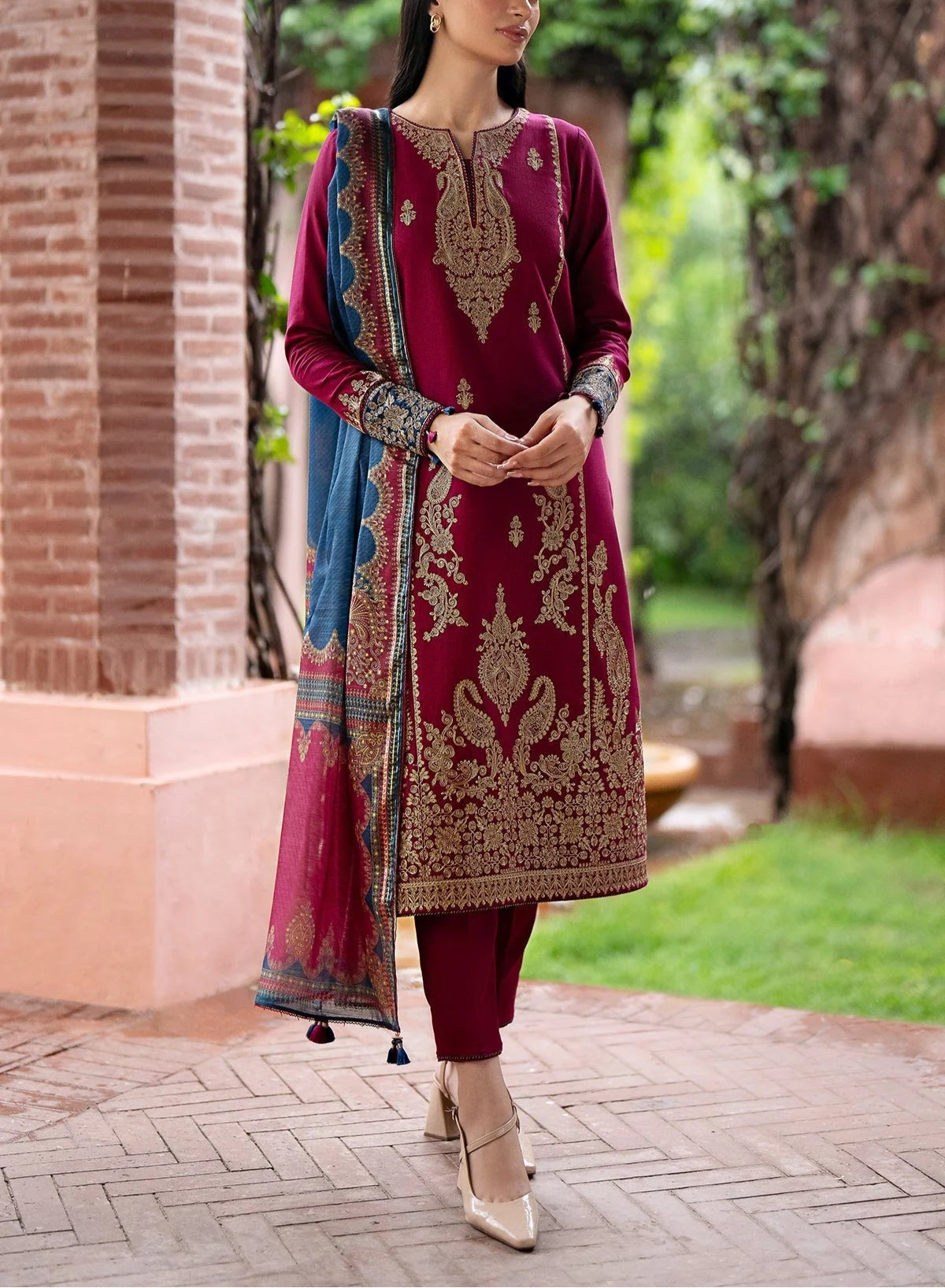 Grace W599-Embroidered 3pc Marina Dress With Printed Shawl.