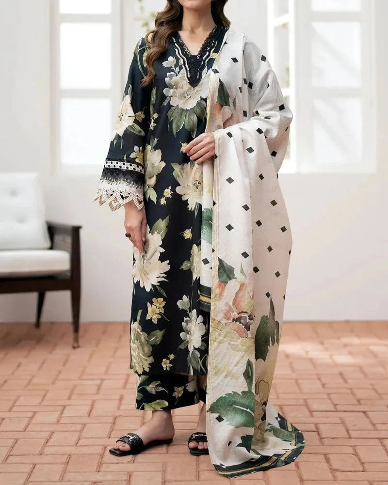 Grace W463-Printed 3pc karandi Dress With Printed karandi Shawl.