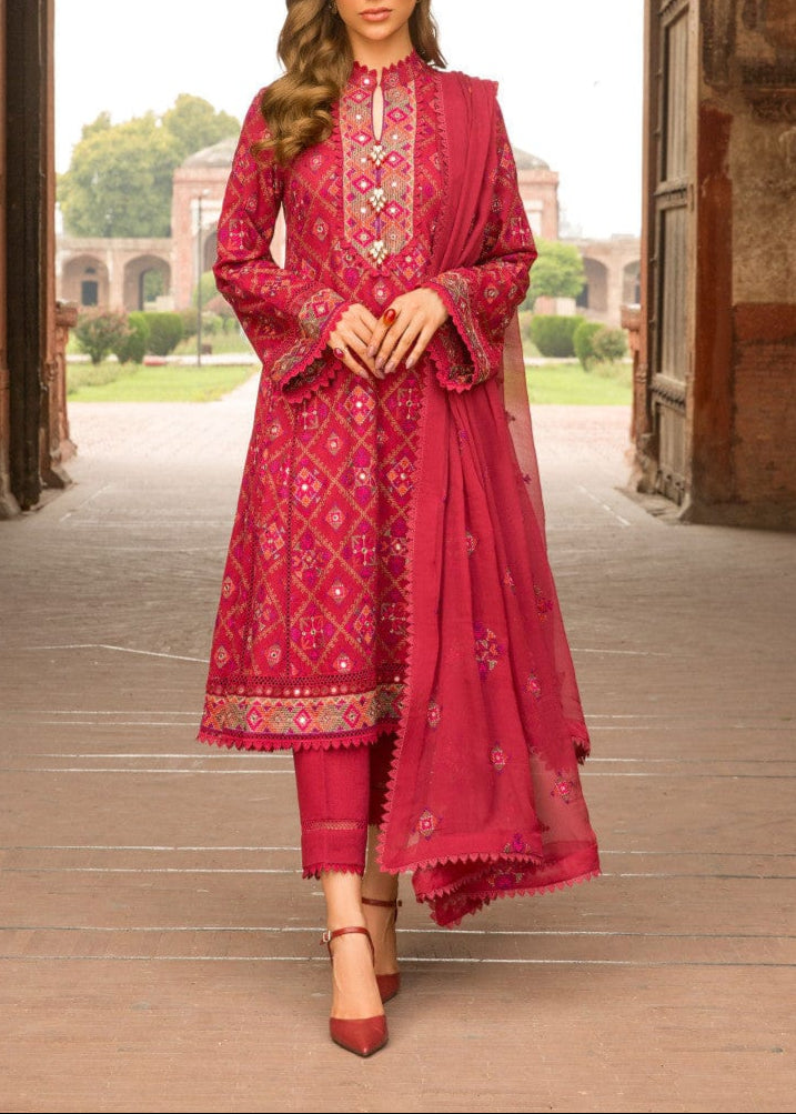 Grace W650-Embroidered 3pc Linen Dress with Embroidered Chiffon Dupatta.