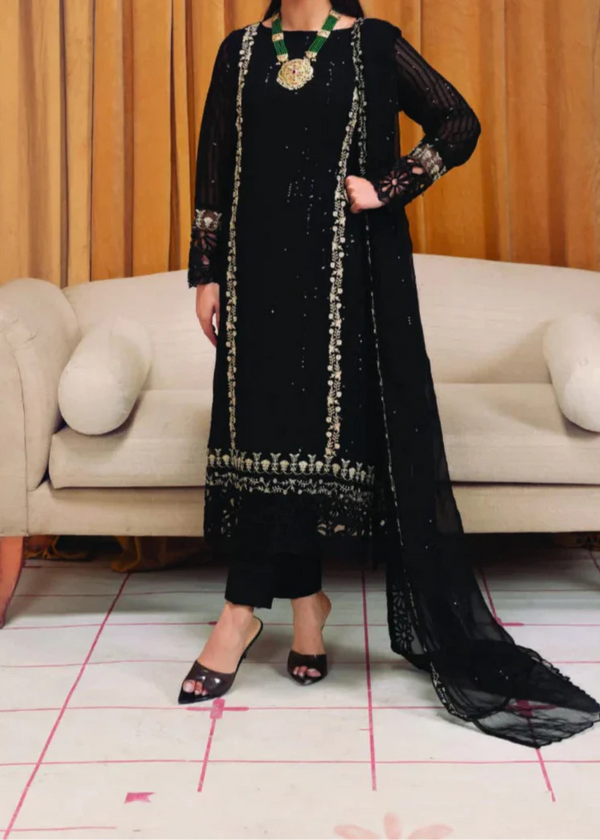 Grace Z-(COLD BLACK) -Stitched Embroidered chiffon 3Pc Suit