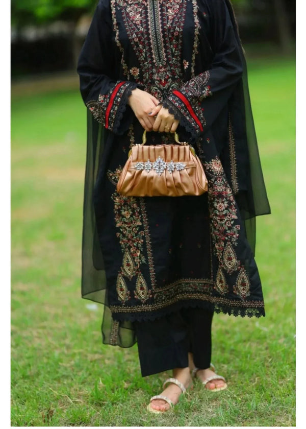 Grace Z-(W735) - Stitched Embroidered 3pc Marina Dress With Embroidered Chiffon Dupatta