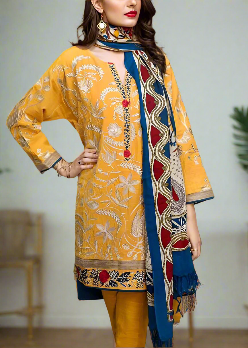 Grace W538-Embroidered 3pc khaddar dress With Printed shawl.