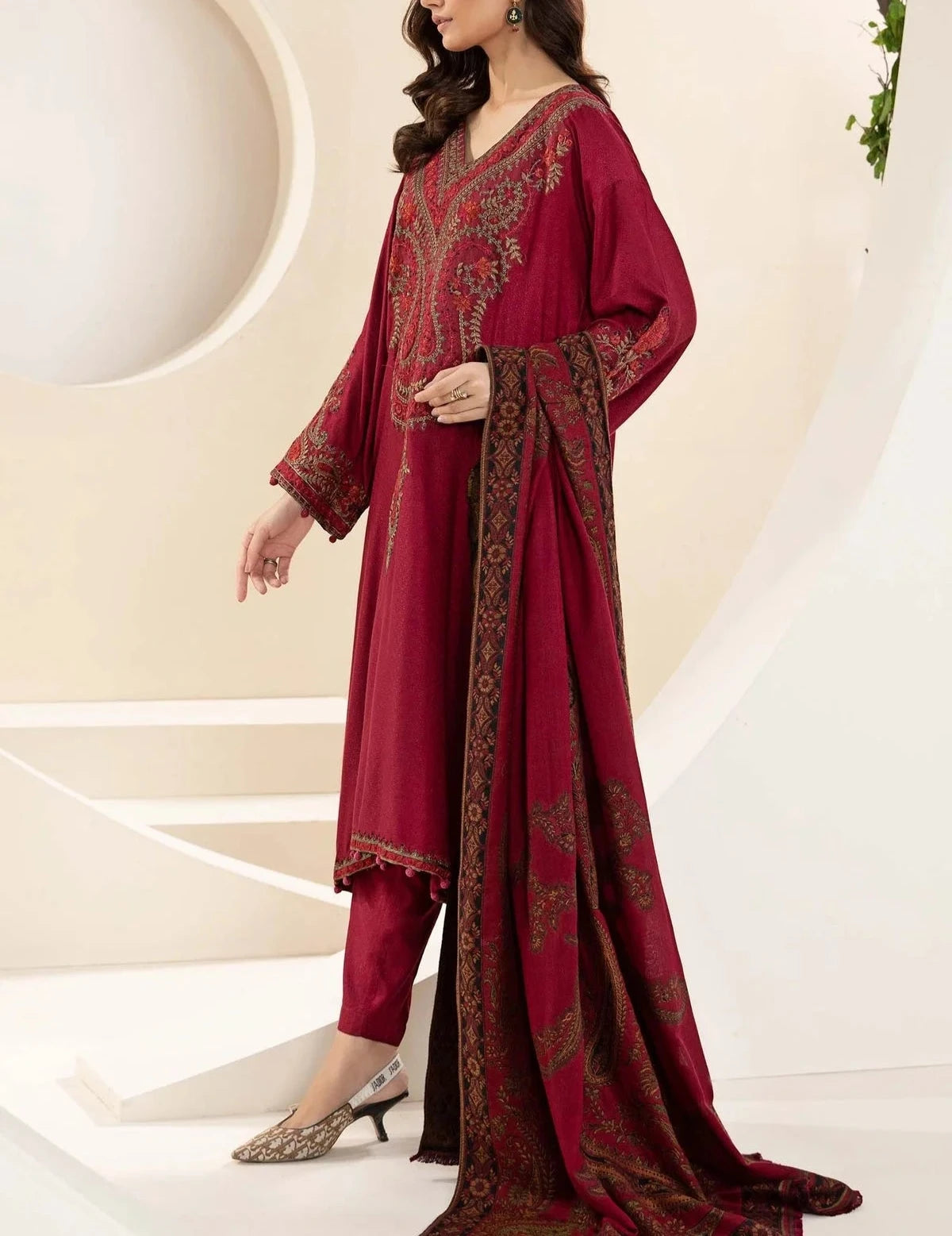 Grace W558-Embroidered 3pc marina dress with Printed shawl.