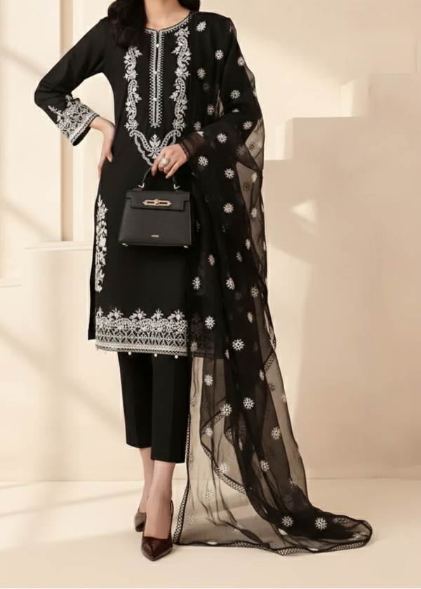 Grace Z-(W903) - Stitched Embroidered 3pc Marina Dress With Embroidered Chiffon Dupatta.