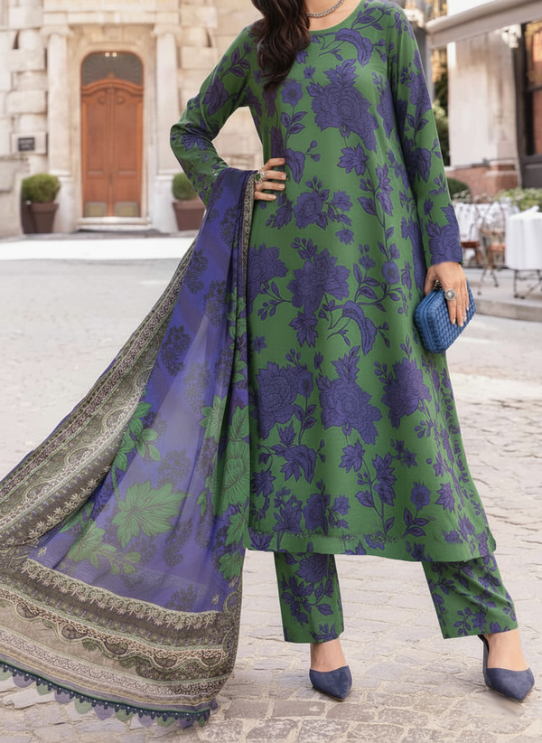 Grace Z-(W821 ) - Stitched Digital Printed 3pc Karandi Dress With Digital Printed Karandi Shawl.