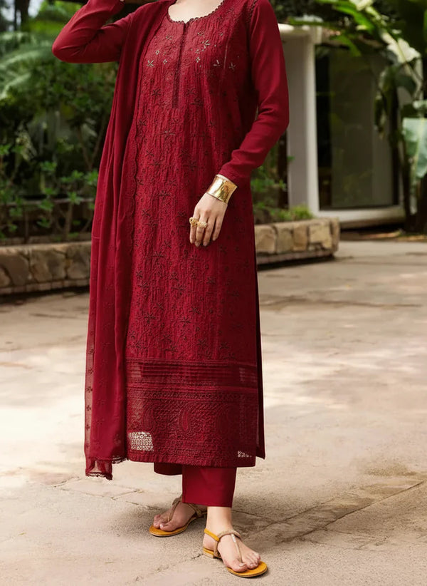 Grace Z-(W863) - Stitched Embroidered 3pc Chikankari Marina Dress With Embroidered Chikankari Chiffon Dupatta.