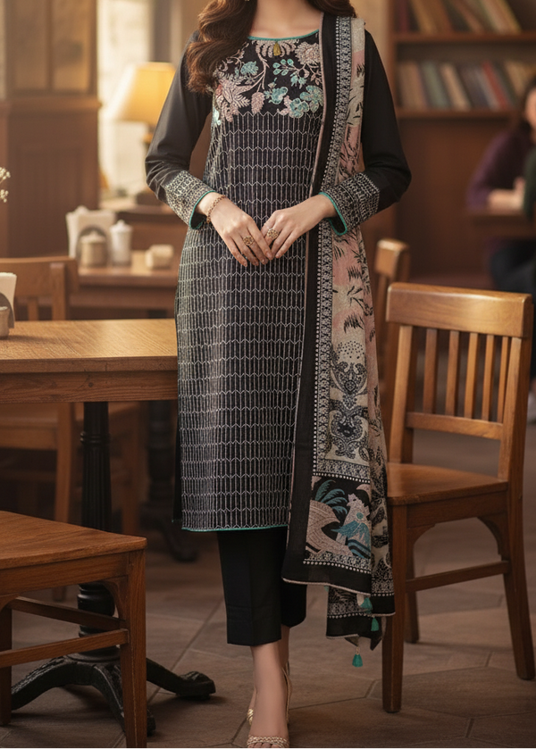 Grace Z-(W537)- Stitched Embroidered 3pc khaddar dress With Printed shawl.