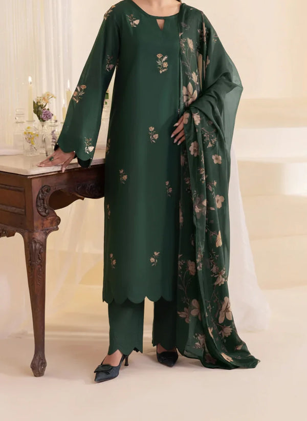 Grace Z-(W829) - Stitched Embroidered 3pc Marina Dress With Printed Shawl.