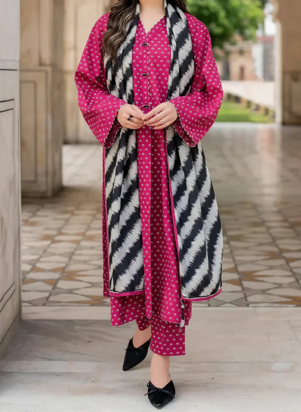 Grace Z-(W838) - Stitched Digital Printed 3pc Karandi Dress With Digital Printed Karandi Shawl.