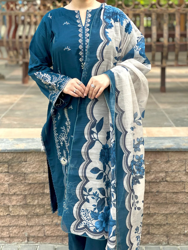 Grace Z-(W752) - Stitched Embroidered 3pc Marina Dress With Printed Shawl.