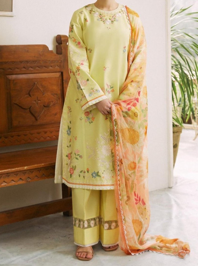 Grace S609-Embroidered 3PC Chickan Lawn with Printed Munar dupatta.