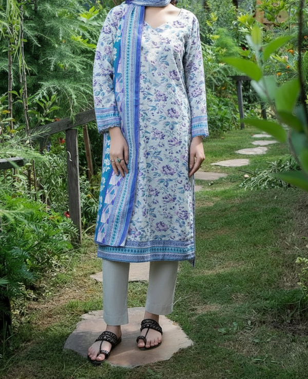 Grace Z-(W880) - Stitched Digital Printed 3pc Karandi Dress With Digital Printed Karandi Shawl.