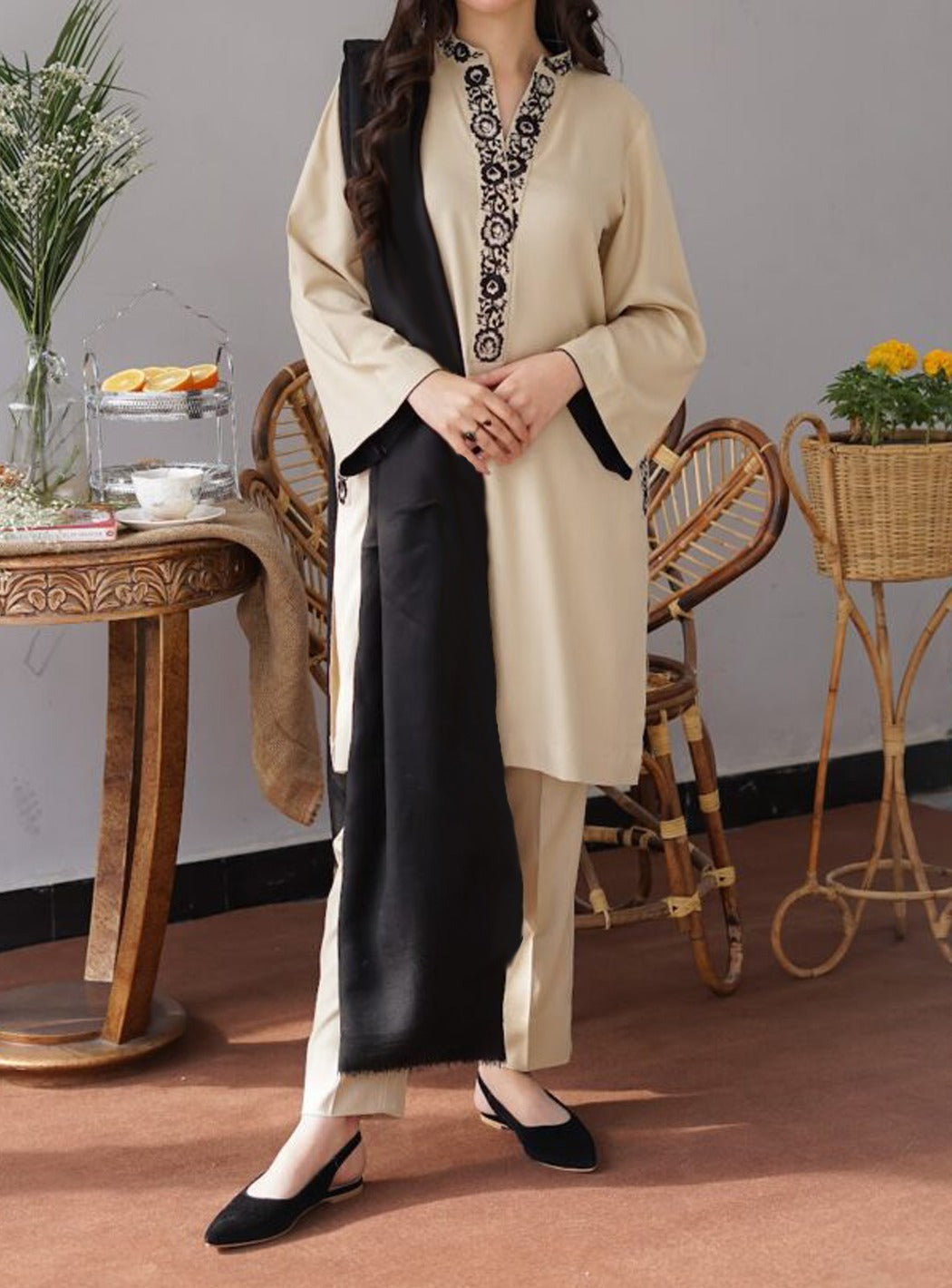 Grace W194- Embroidered 3pc marina dress with plain dyed marina shawl.