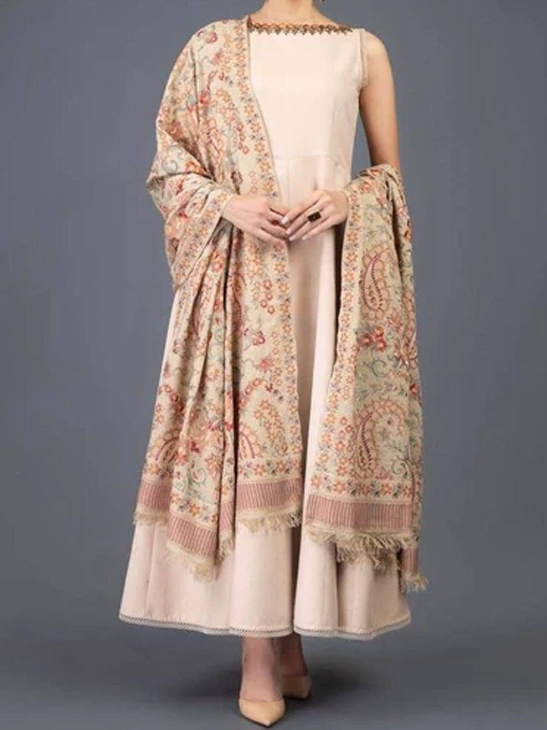 Kashmiri Range - Embroidered Karandi Beige Shawl