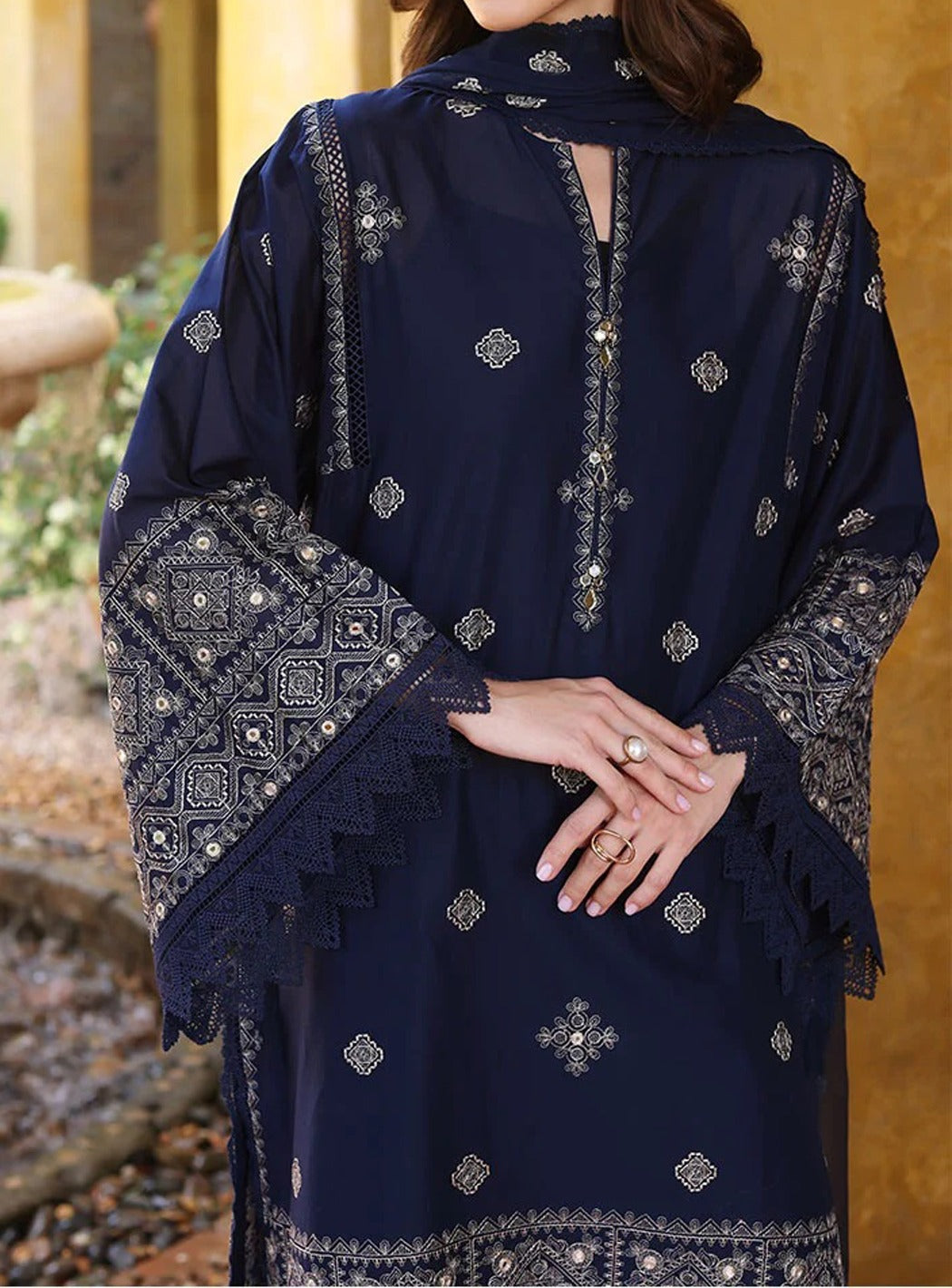 Grace W515-Embroidered 3pc marina dress with embroidered marina shawl.