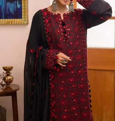 Grace W436- Embroidered 3pc marina dress with Embroidered chiffon dupatta.