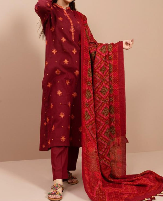 Grace W378-Embroidered 3pc Marina dress with Printed wool shawl.