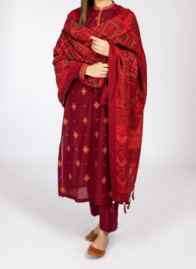 Grace W378-Embroidered 3pc Marina dress with Printed wool shawl.