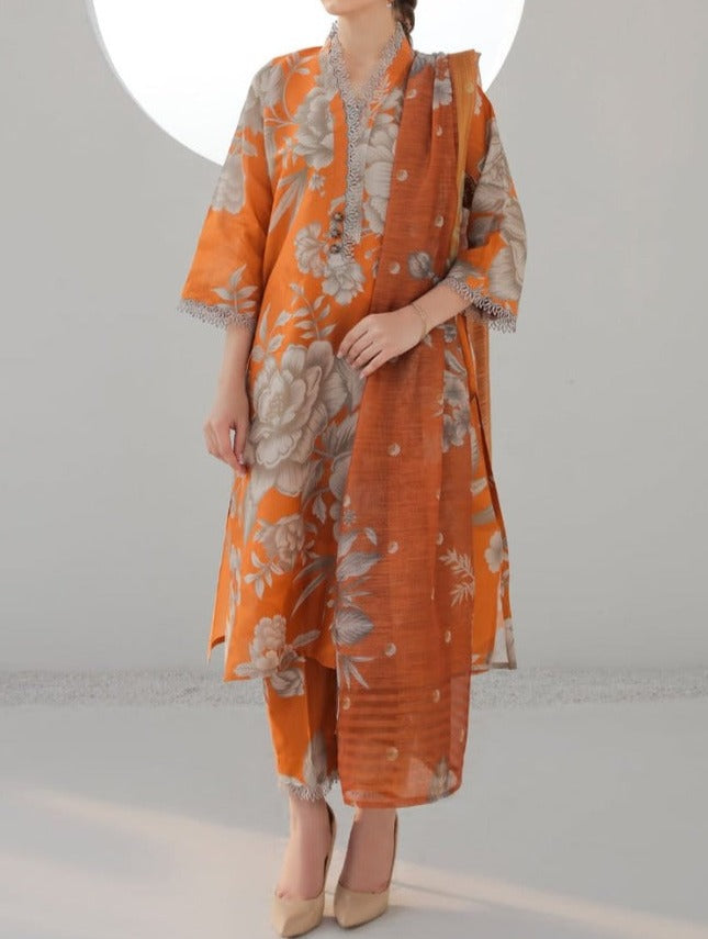 Grace W406-Printed 3pc karandi dress with Printed karandi net dupatta.