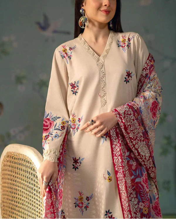 Grace S1013-Embroidered 3pc Lawn dress with Printed Munar Dupatta.