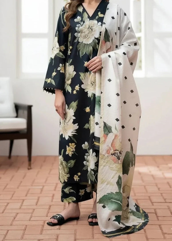 Grace Z-(W868) - Stitched Digital Printed 3pc Karandi Dress With Digital Printed Karandi Shawl.