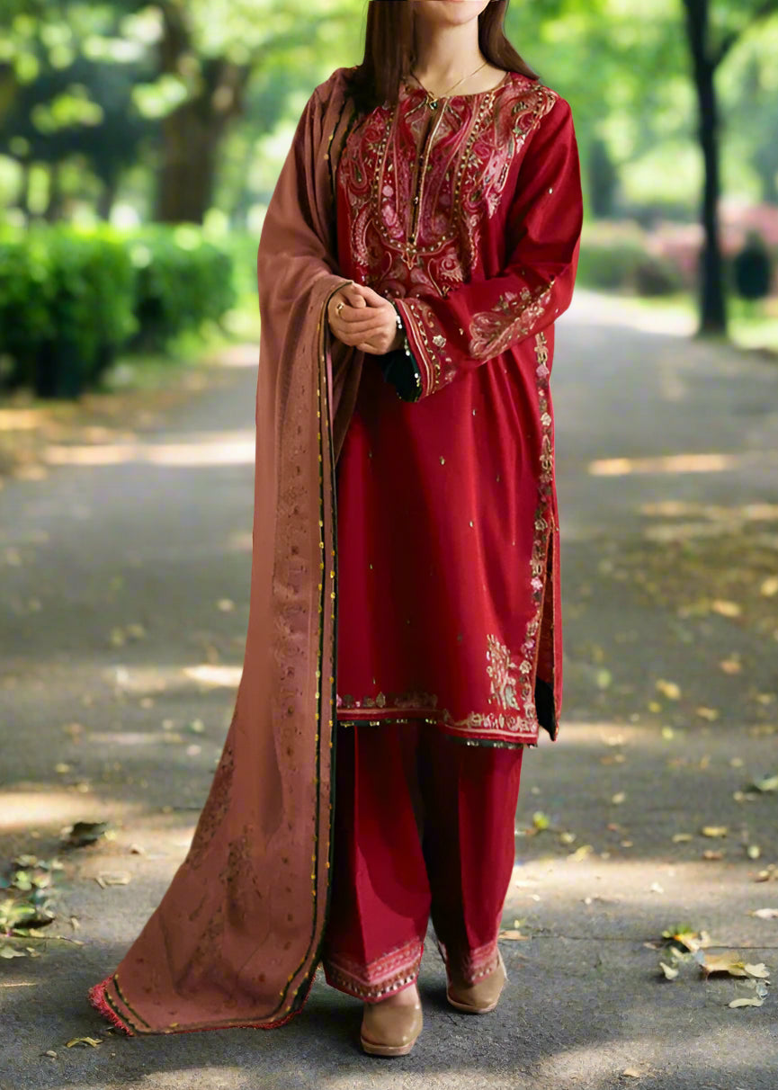 Grace W598-Embroidered 3pc khaddar dress With Printed shawl.