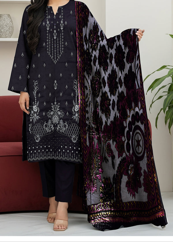 Shanaya 025 - Stitched Embroidered 3PC Marina Dress With Velvet Textured Shawl.