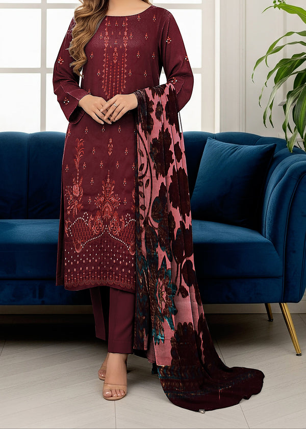 Shanaya 019 - Stitched Embroidered 3PC Marina Dress With Velvet Textured Shawl.