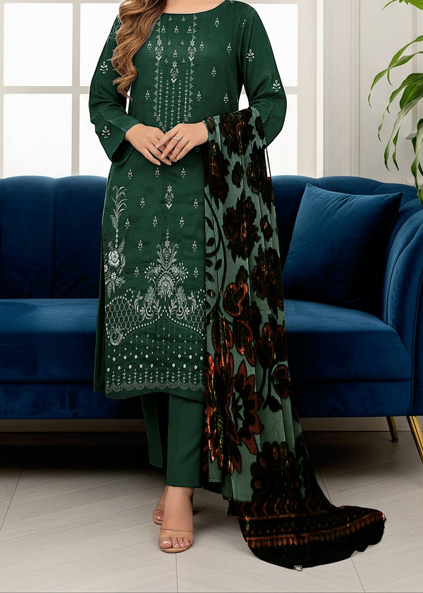 Shanaya 023 - Stitched Embroidered 3PC Marina Dress With Velvet Textured Shawl.