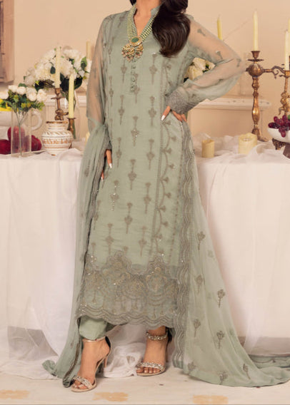 Grace Z-(CADET GRAY) -Stitched Embroidered chiffon 3Pc Suit