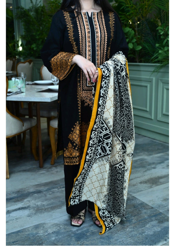 Grace Z-(W102 ) - Stitched Embroidered 3pc khaddar dress with printed shawl.