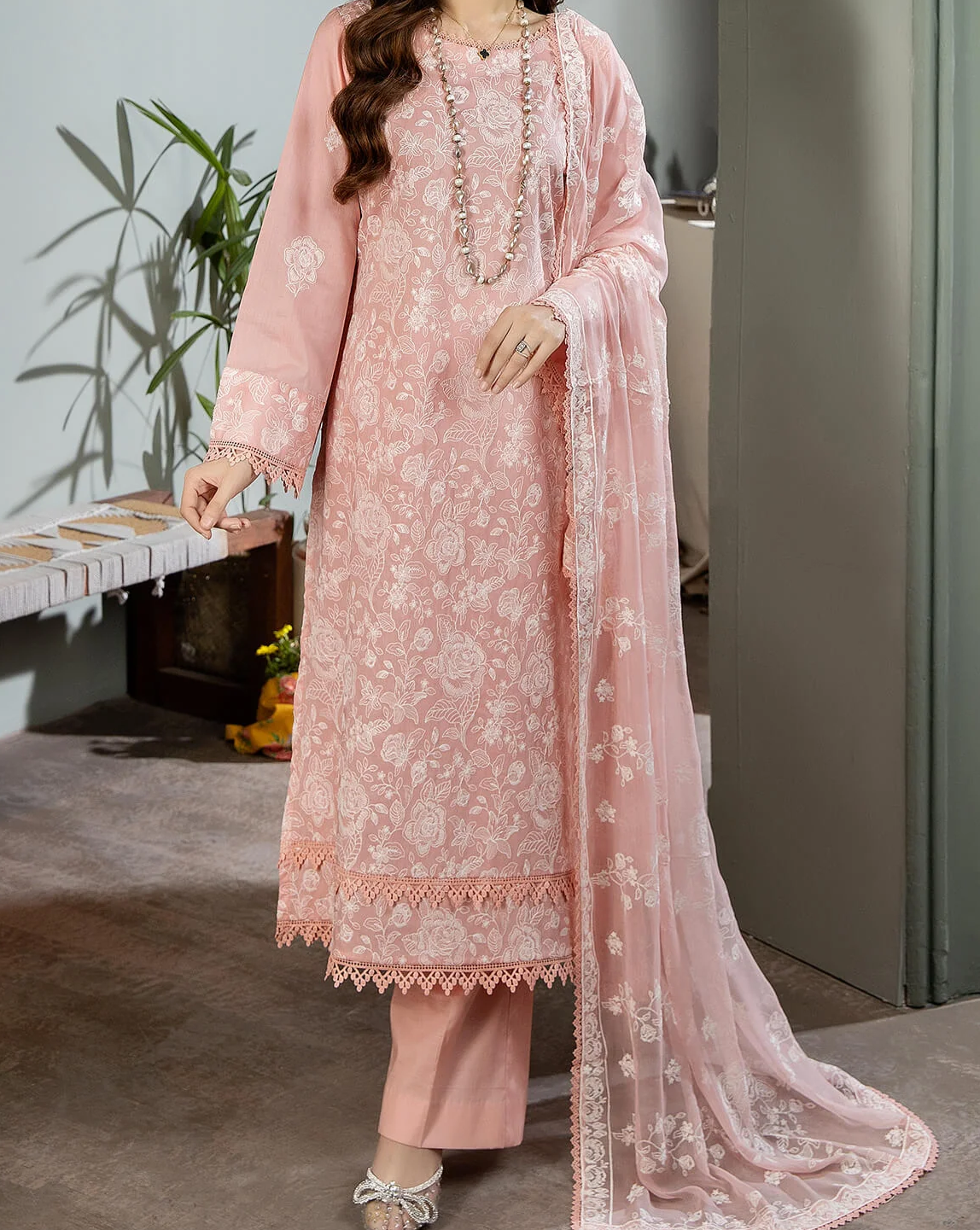 Grace Z52- Stitched Embroidered 3PC Lawn Dress With Embroidered Chiffon Dupatta.