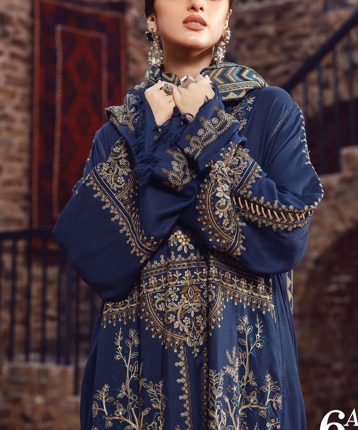 Grace W555-Embroidered 3pc marina dress with Printed shawl.