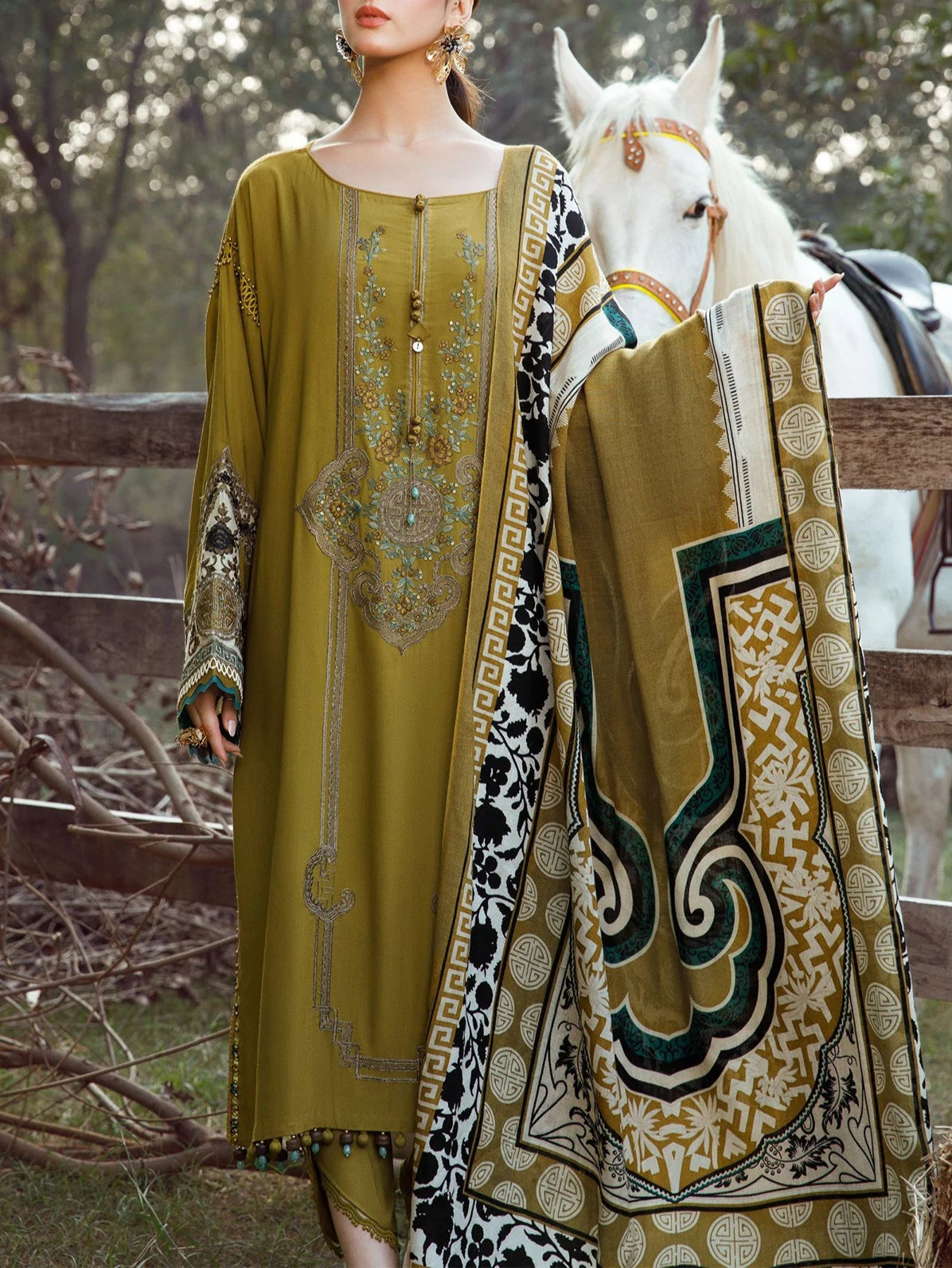 Grace W567-Embroidered 3pc marina dress with Printed shawl.