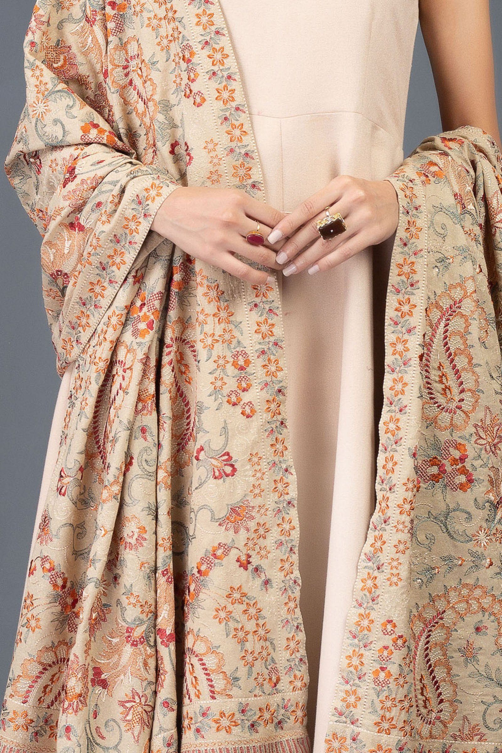 Kashmiri Range - Embroidered Karandi Lawn Beige Shawl - gracestore.pk