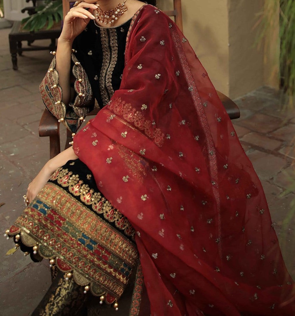 Grace W528- Embroidered 3pc Velvet Dress With Embroidered Organza Dupatta.