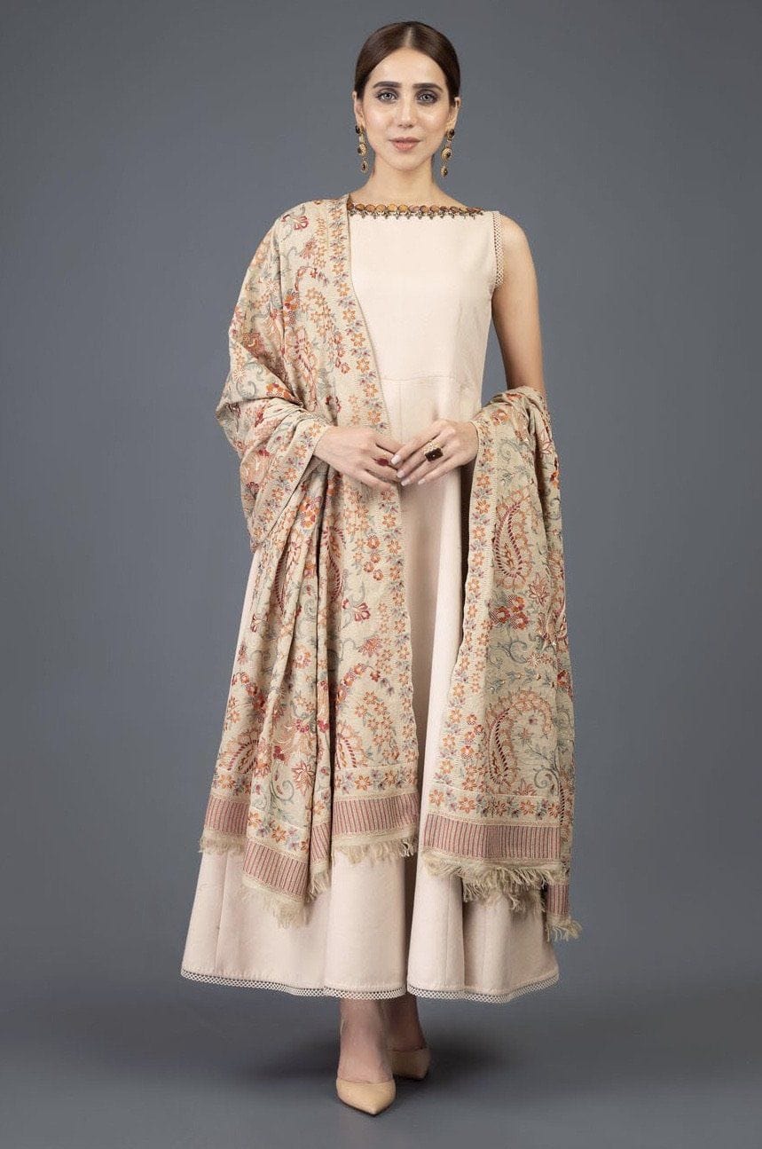 Kashmiri Range - Embroidered Karandi Lawn Beige Shawl - gracestore.pk